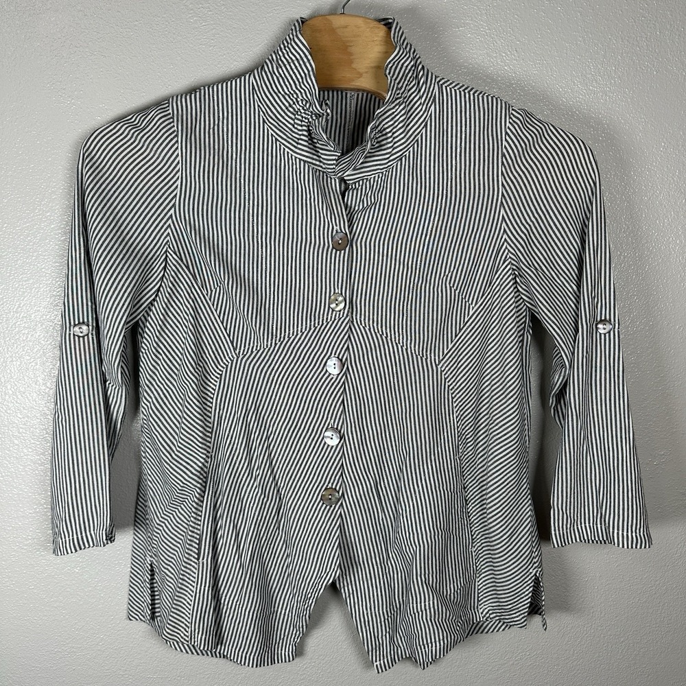 Soft‎ Surroundings Button Tunic Shirt Striped Asymmetrical Hem Petite Large PL